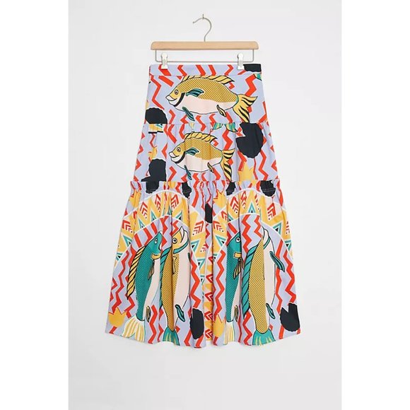 Eva Franco Anthropologie Summer Fish Ocean Tiered Midi Skirt - Picture 4 of 4